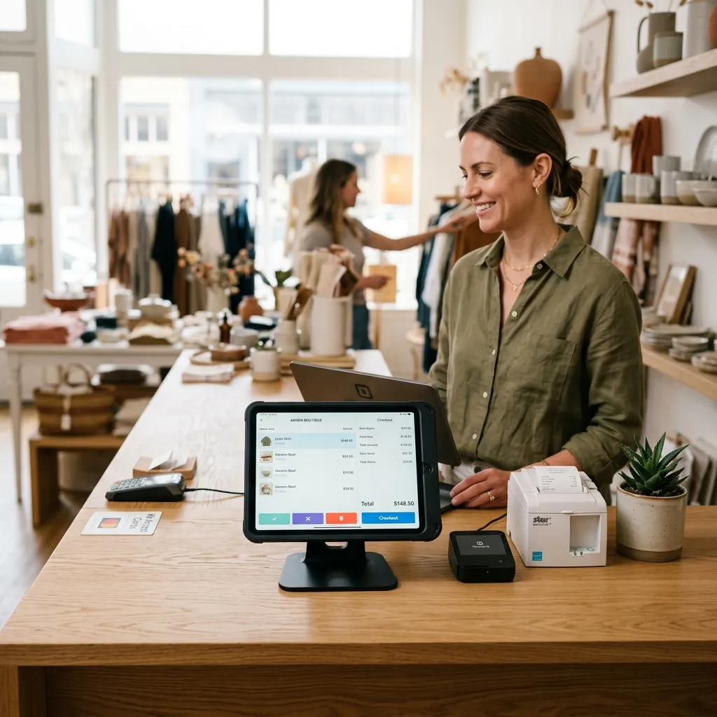 Propietaria de tienda boutique atendiendo clientes con punto de venta en tablet