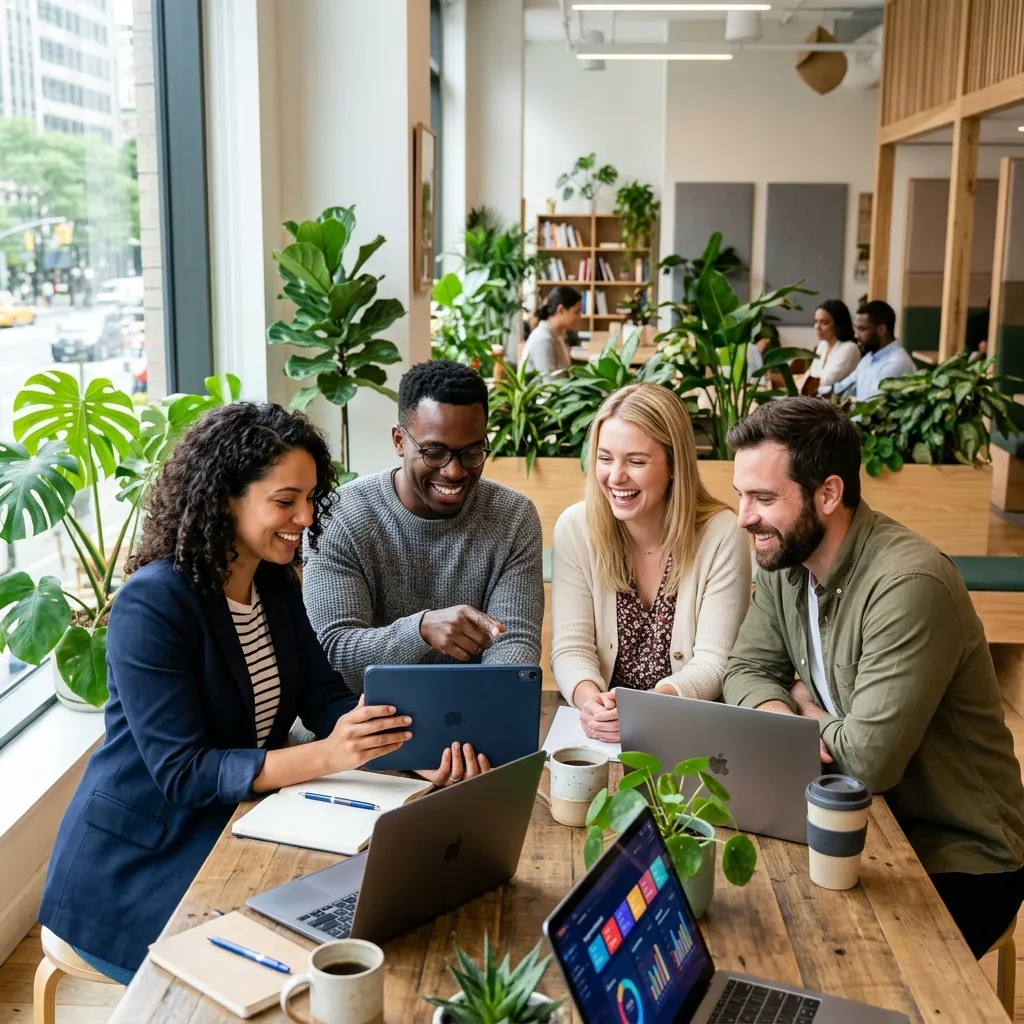 Equipo de trabajo conociendo el nuevo sistema de facturación en tablet