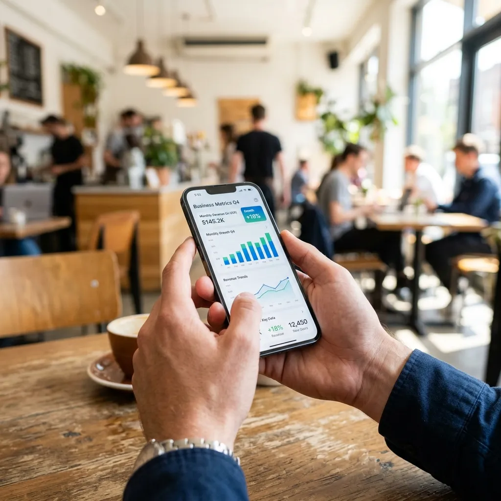 Persona revisando gráficas de ventas desde su celular en una cafetería