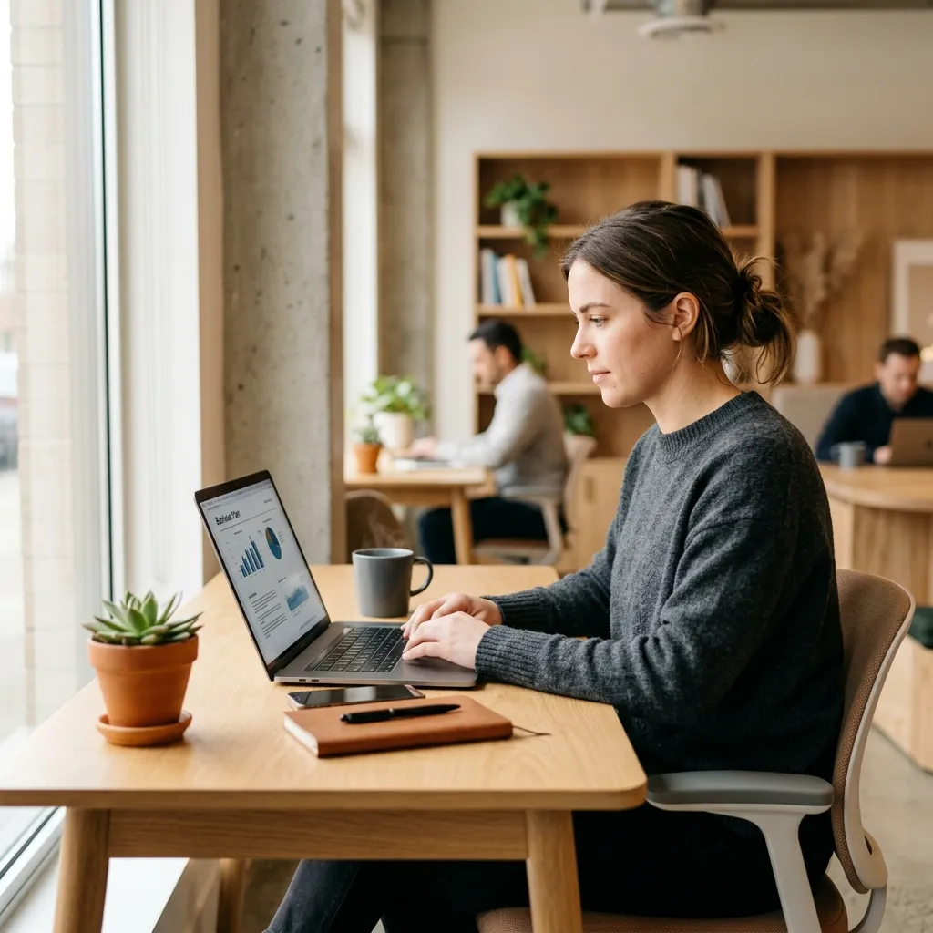 Emprendedor enfocado trabajando en software de facturación con laptop