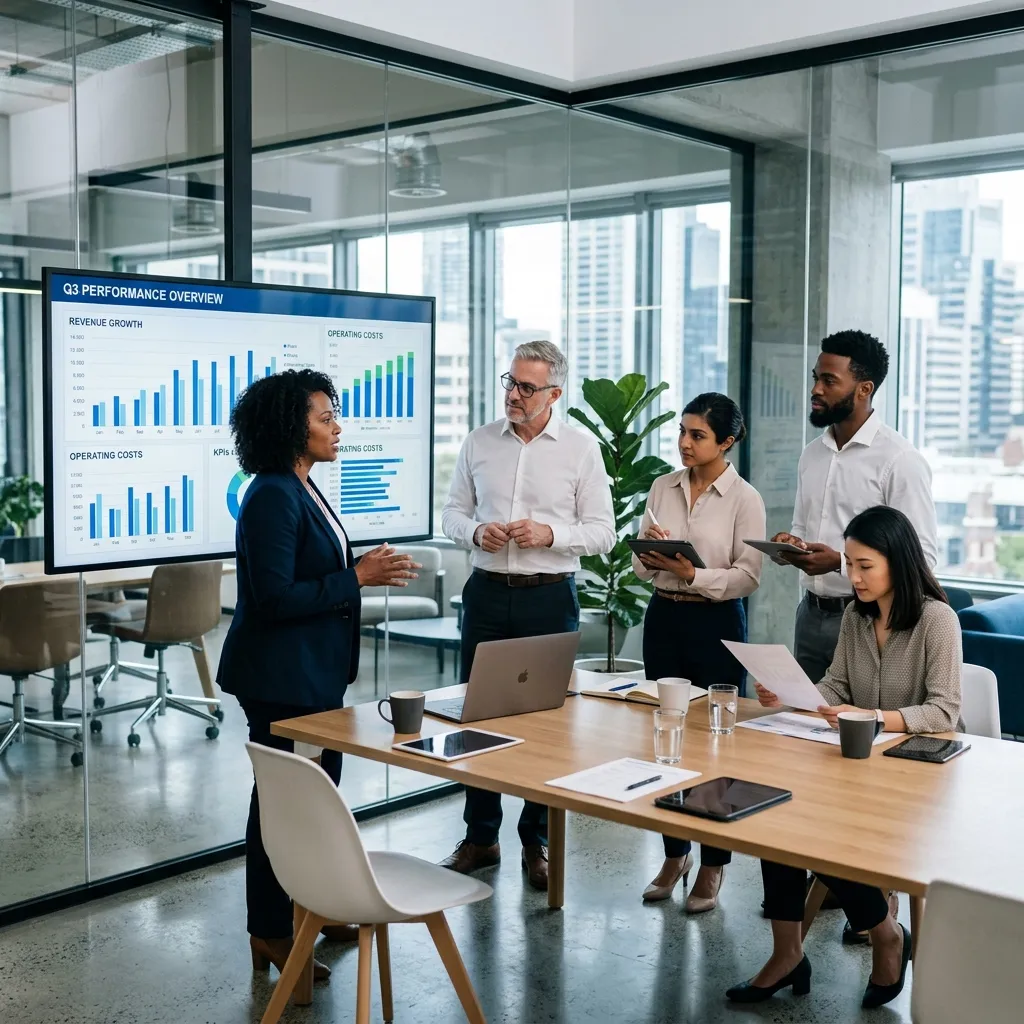Equipo de negocios revisando datos operativos en pantalla grande