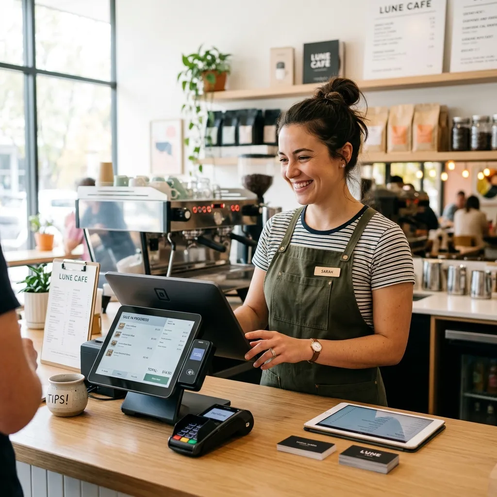 Administrador de cafetería registrando ventas rápidamente en un POS moderno