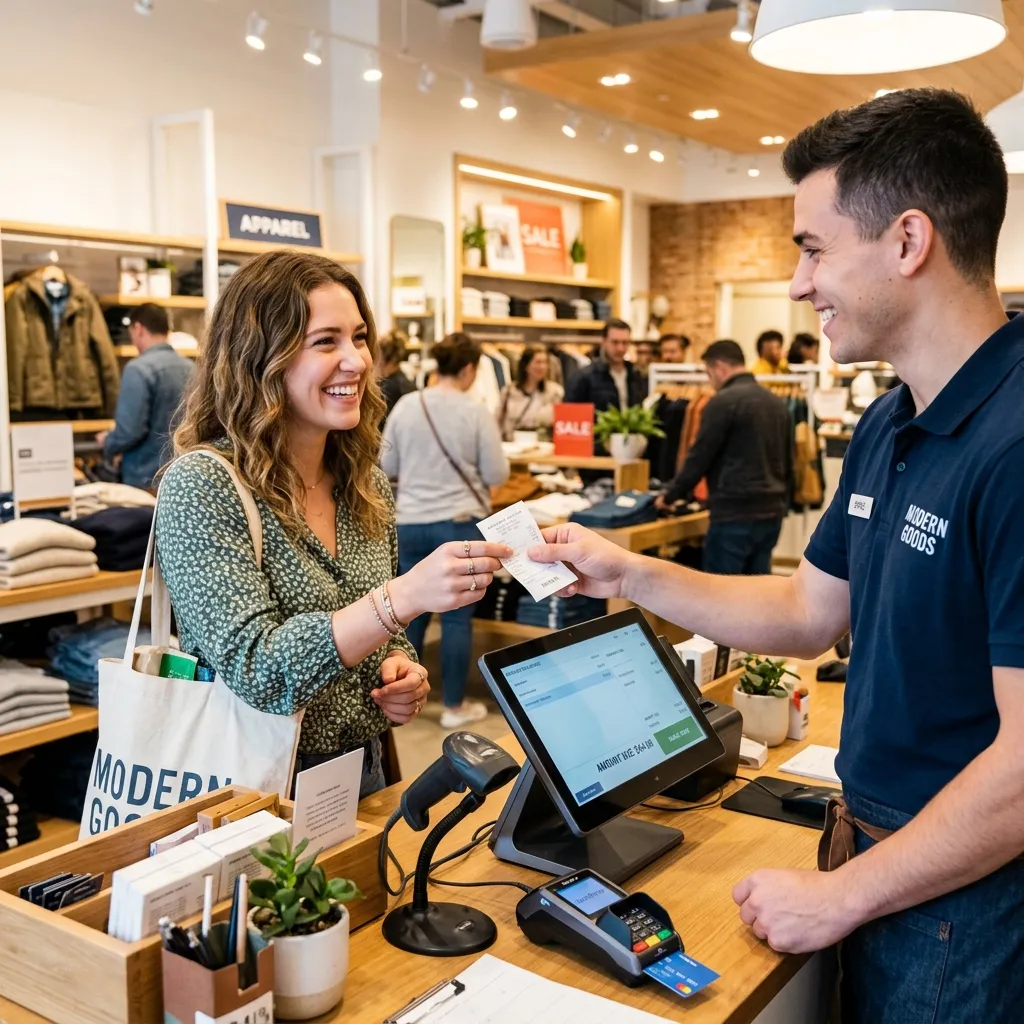 Cajero entregando recibo a cliente en tienda minorista