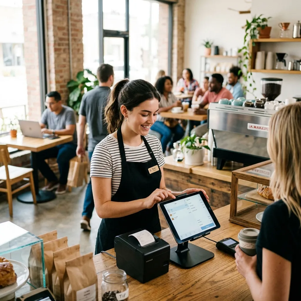Persona usando terminal POS en comercio moderno